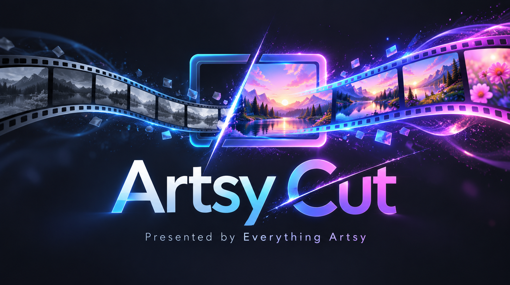 ArtsyCut filmstrip logo with blue and magenta light