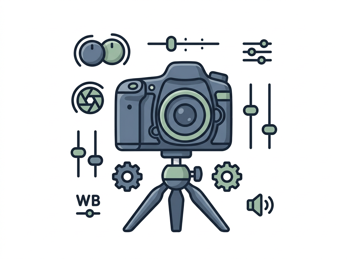 Graphic illustration of a camera on tripod surrounded by editing controls and icons, including sliders, gears, microphone, and aperture symbol.