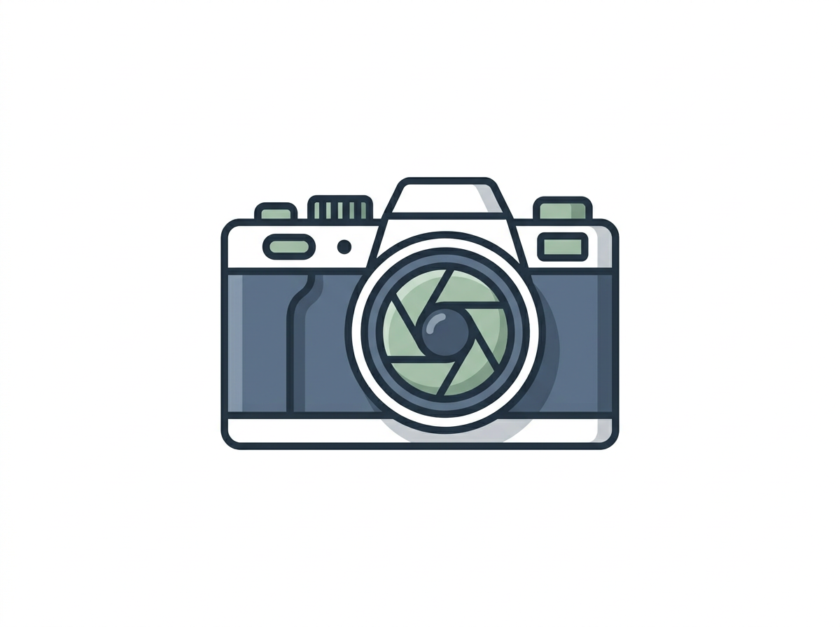 Illustration of a vintage camera with a lens and viewfinder on a white background.