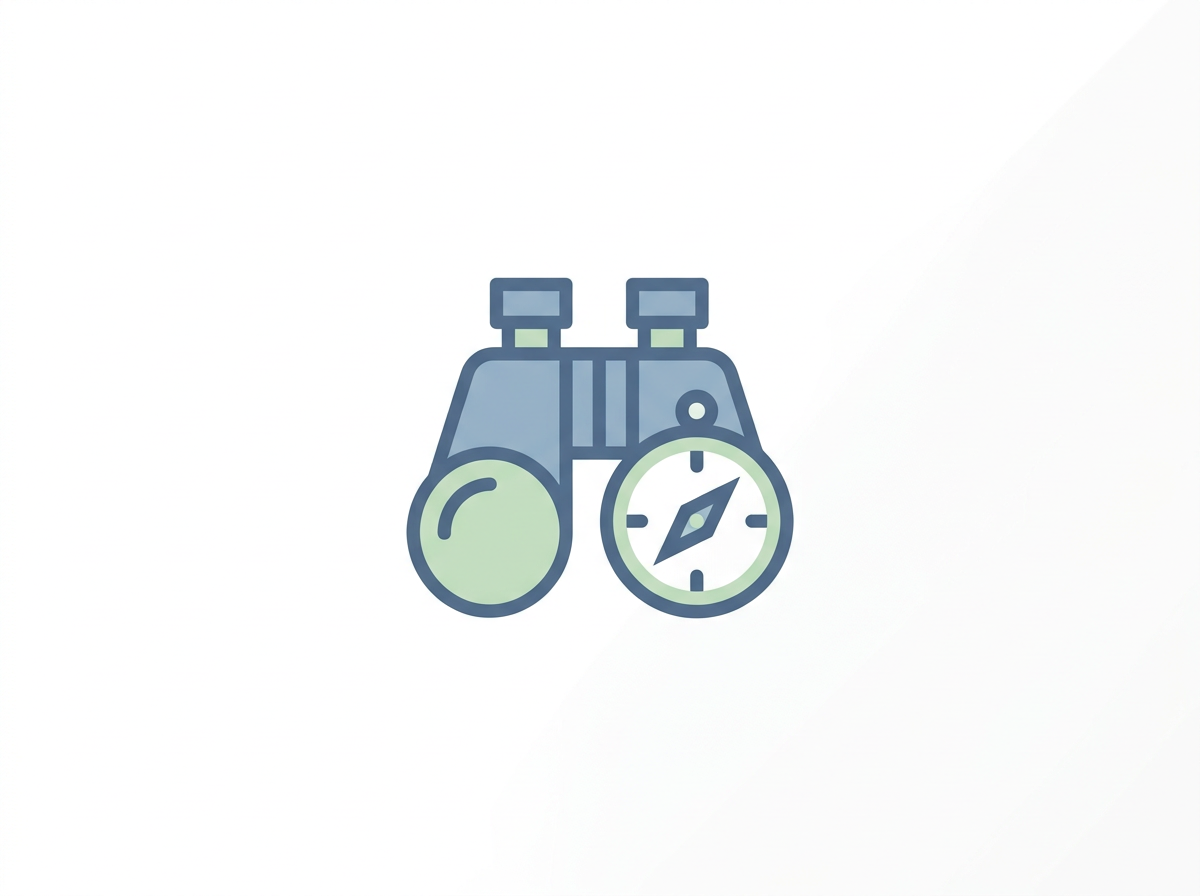A cartoon illustration of binoculars with a compass integrated into one of the lenses.