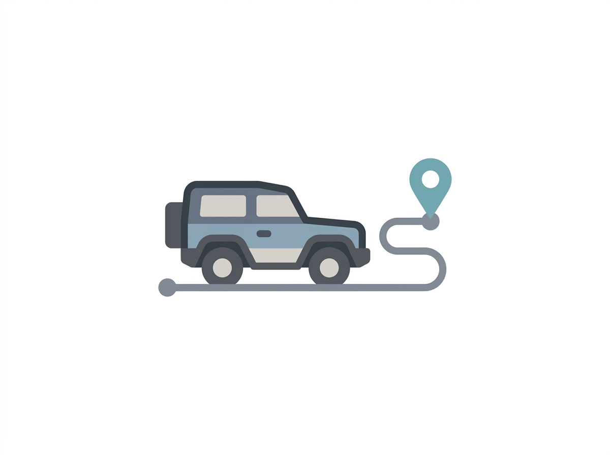 Icon of a blue and gray SUV with a route line ending at a location pin.