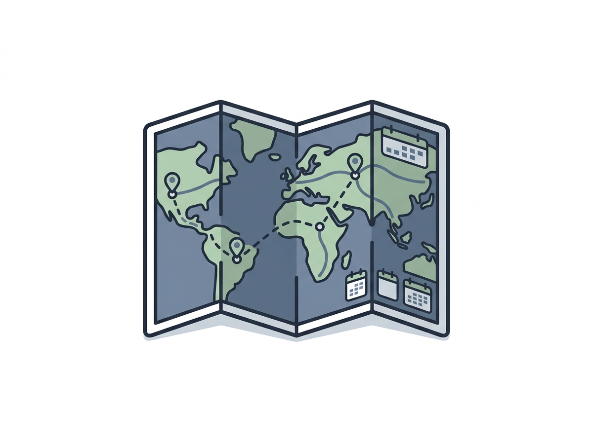 A folded world map with location pins and calendar icons indicating travel routes.