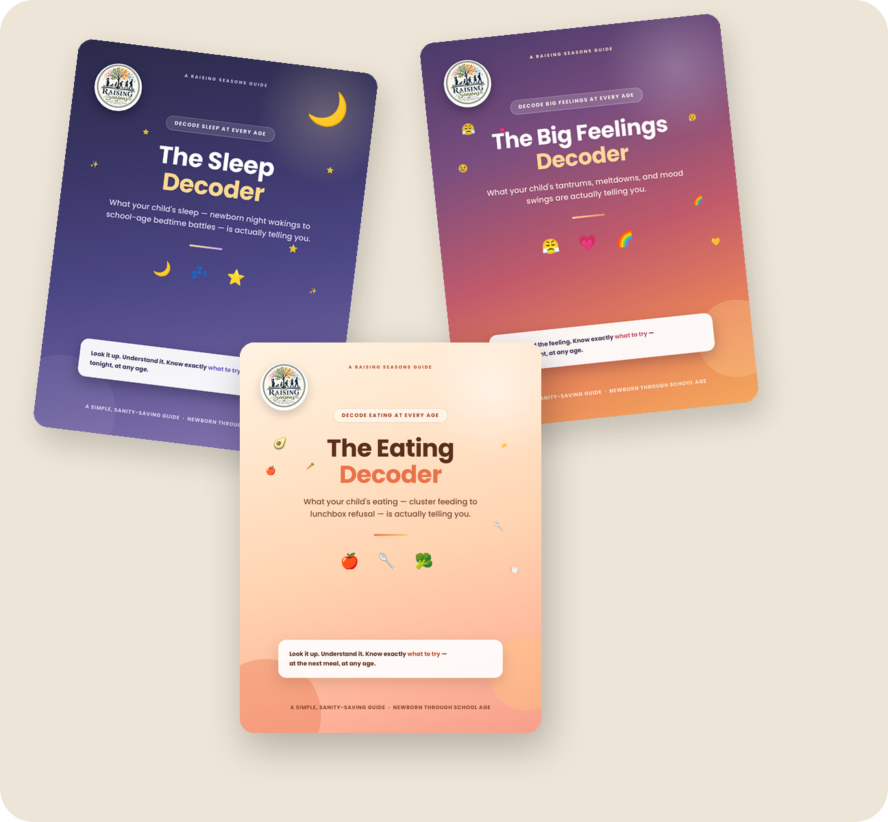 Raising Seasons Sleep, Big Feelings, and Eating Decoder guide covers fanned together