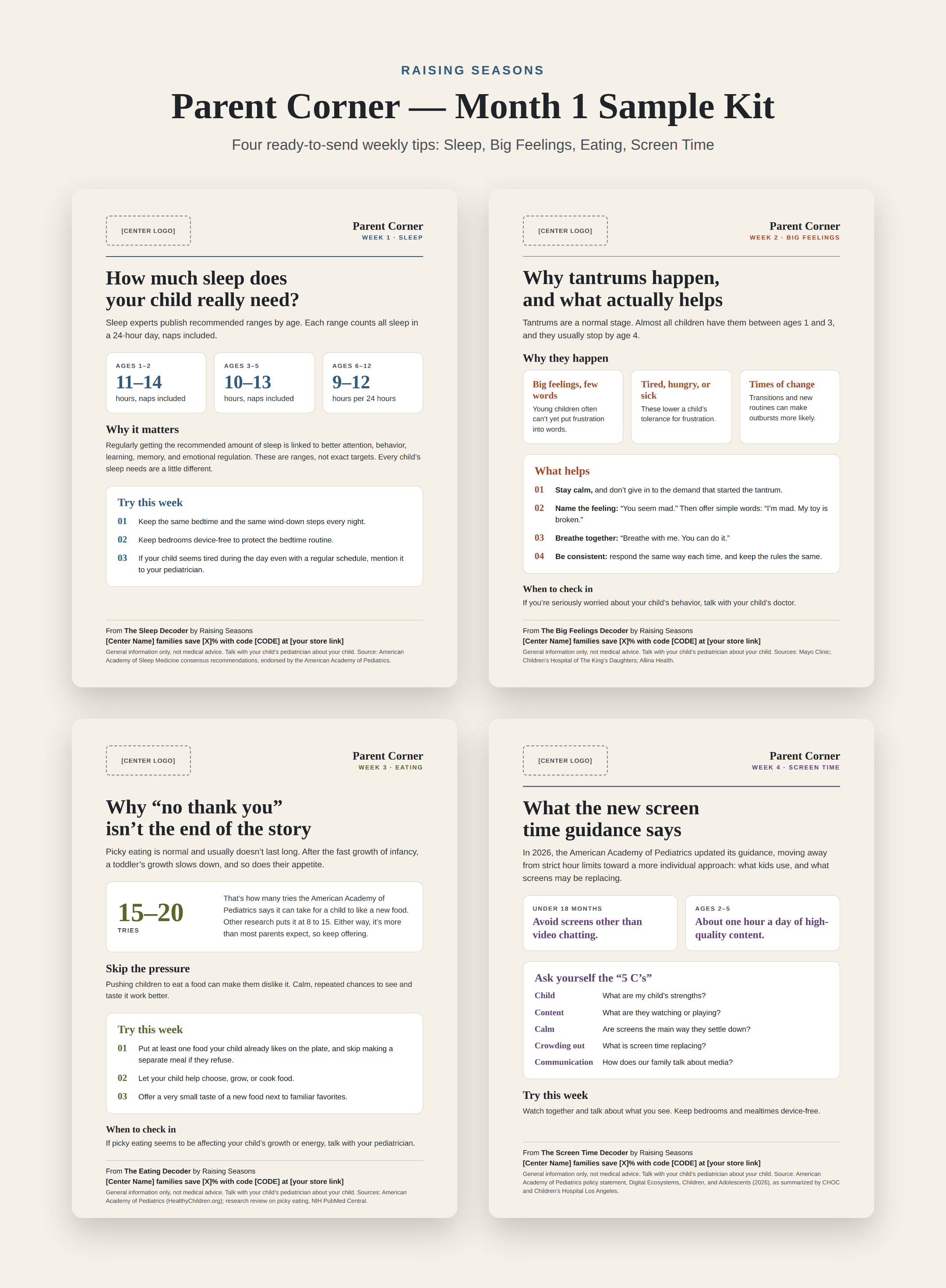Sample Parent Corner Month 1 kit — four printable parenting tip sheets