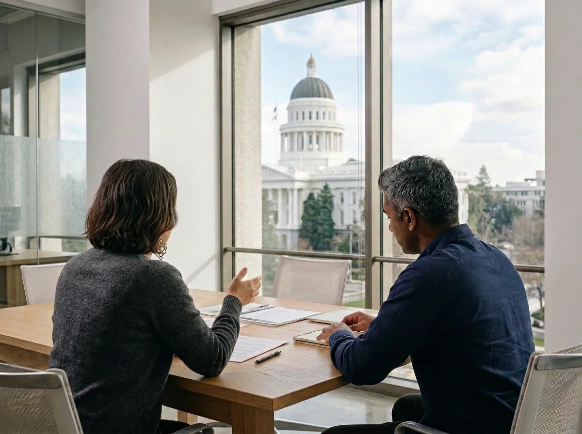 Discussion between principals, with view of Capitol