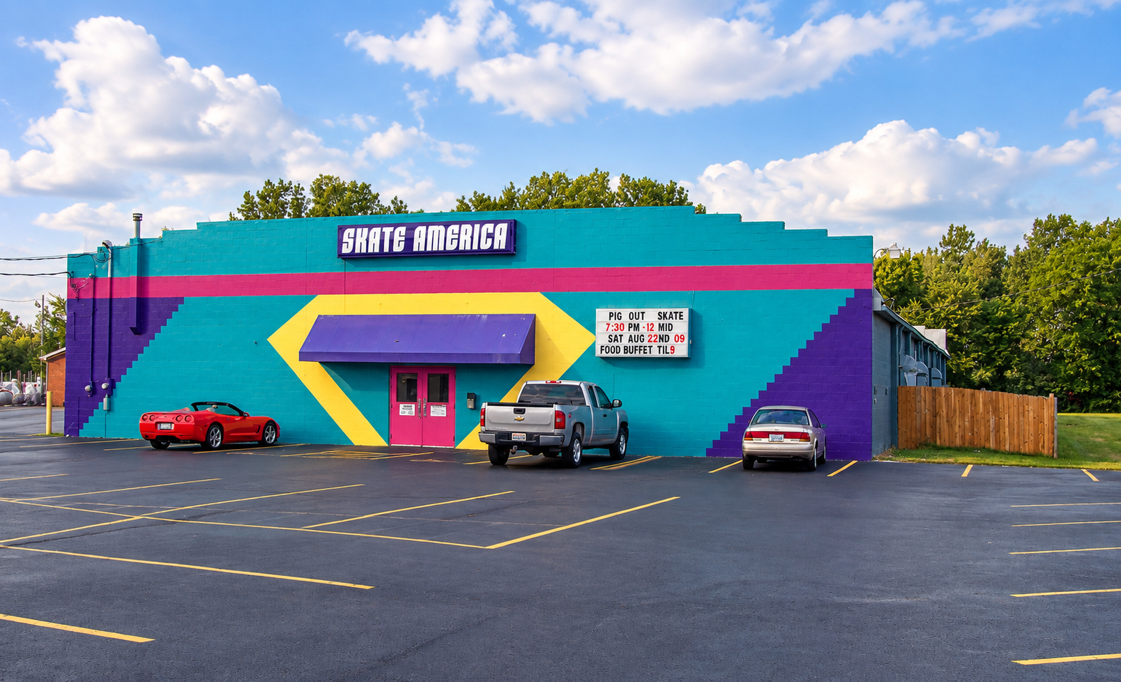 Colorful building with a large 'Skate America' sign, painted in teal, purple, and yellow geometric patterns, with a parking lot and a few parked cars in front, under a partly cloudy sky.