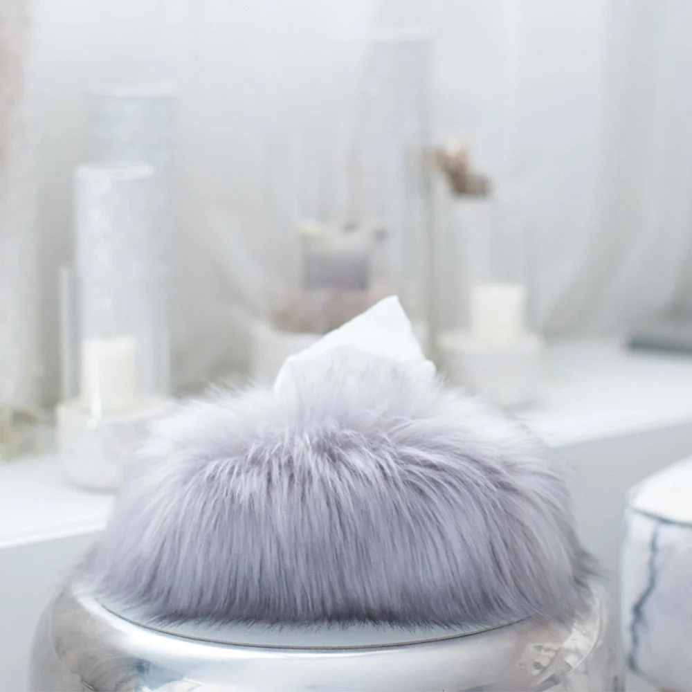 Evelyne Prélonge Rectangle Faux Fur Tissue Box Cover, Himalaya Pearl, in its gift box