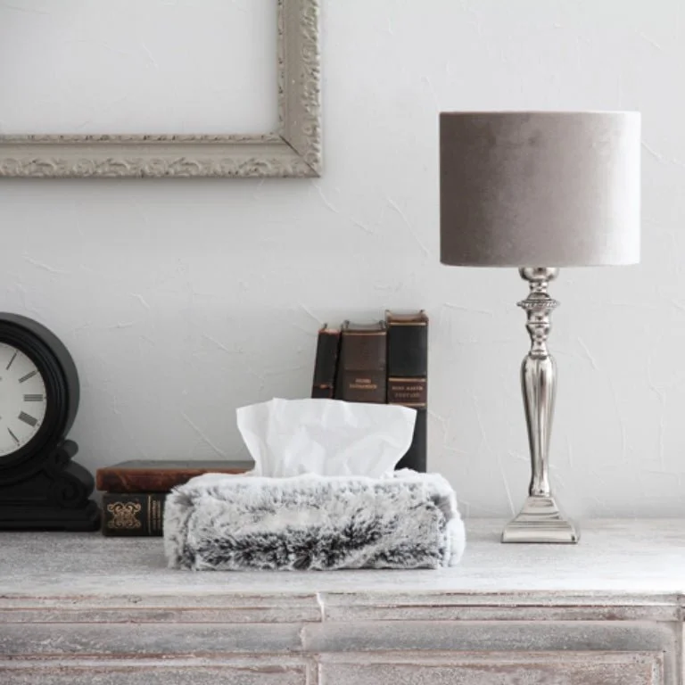 Evelyne Prélonge Rectangle Faux Fur Tissue Box Cover, Glacier, in its gift box
