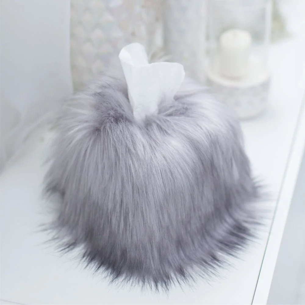 Evelyne Prélonge Square Faux Fur Tissue Box Cover, Himalaya Pearl, in its gift box