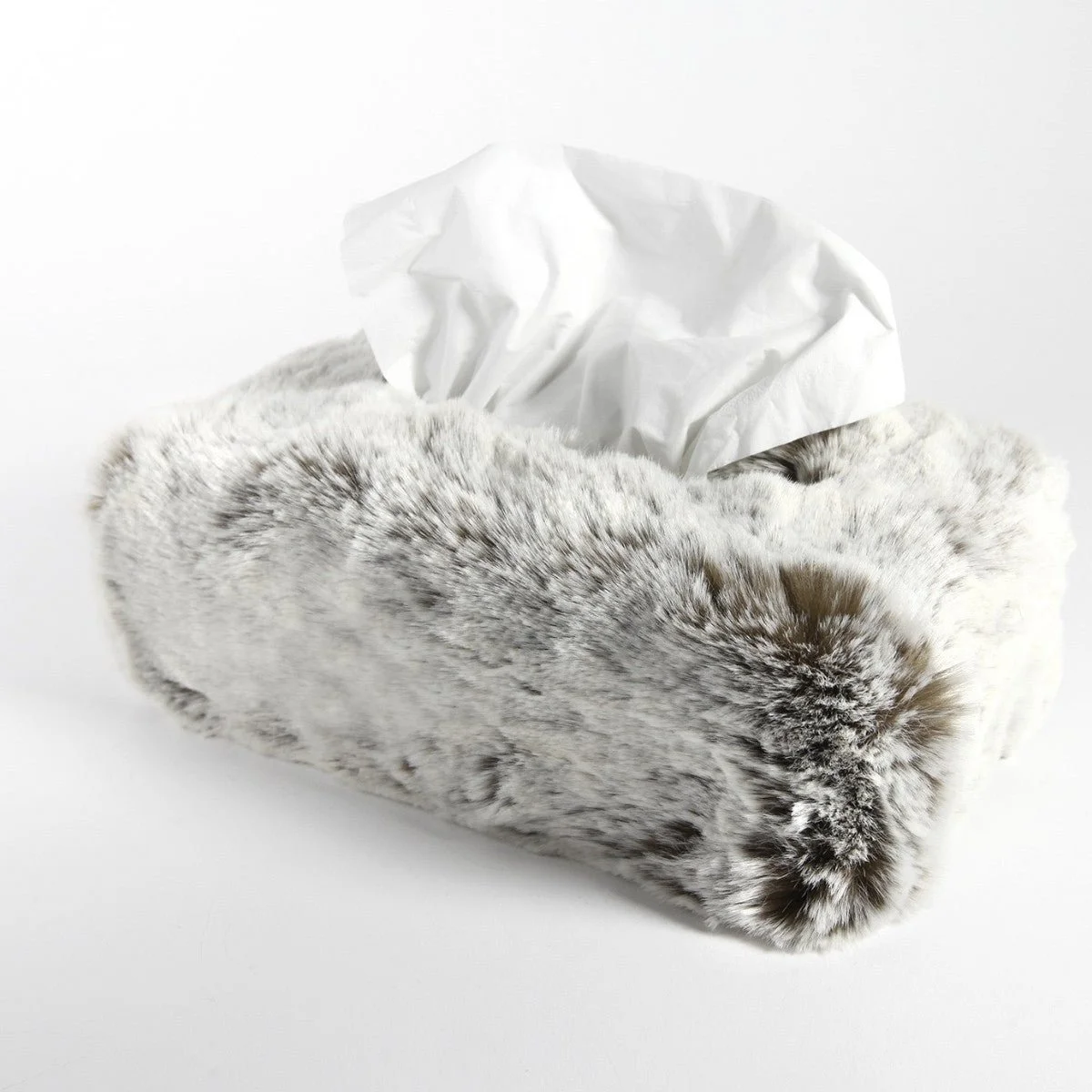 Rectangle Chestnut faux fur tissue box cover by Evelyne Prélonge, seen from the side