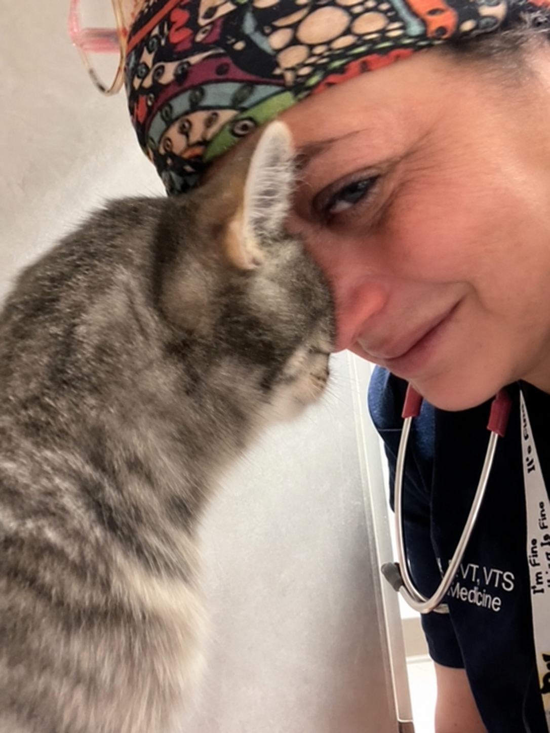 Rachel sharing a gentle forehead nuzzle with a tabby cat