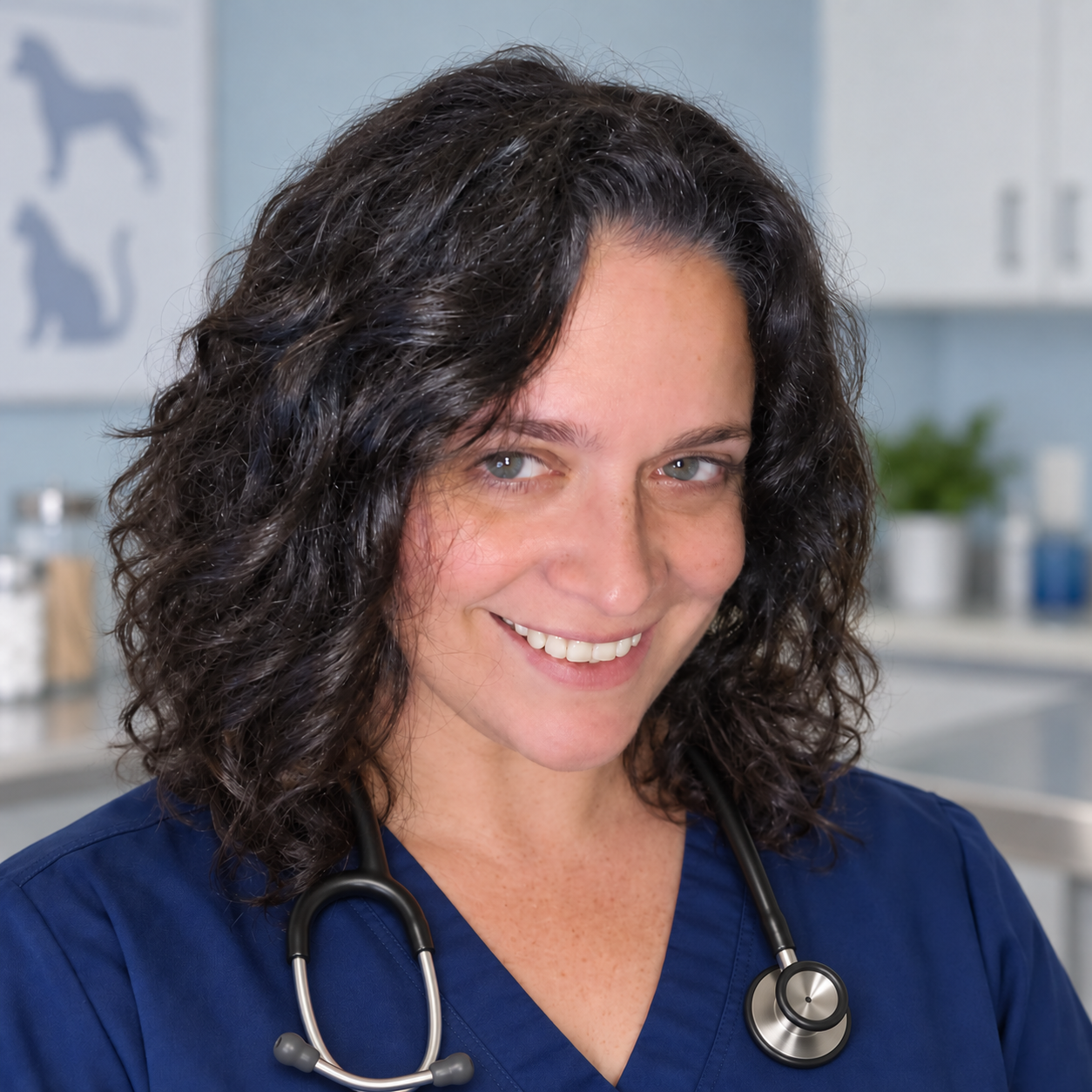 Rachel Poulin, RVT, VTS (SAIM), wearing navy scrubs and a stethoscope