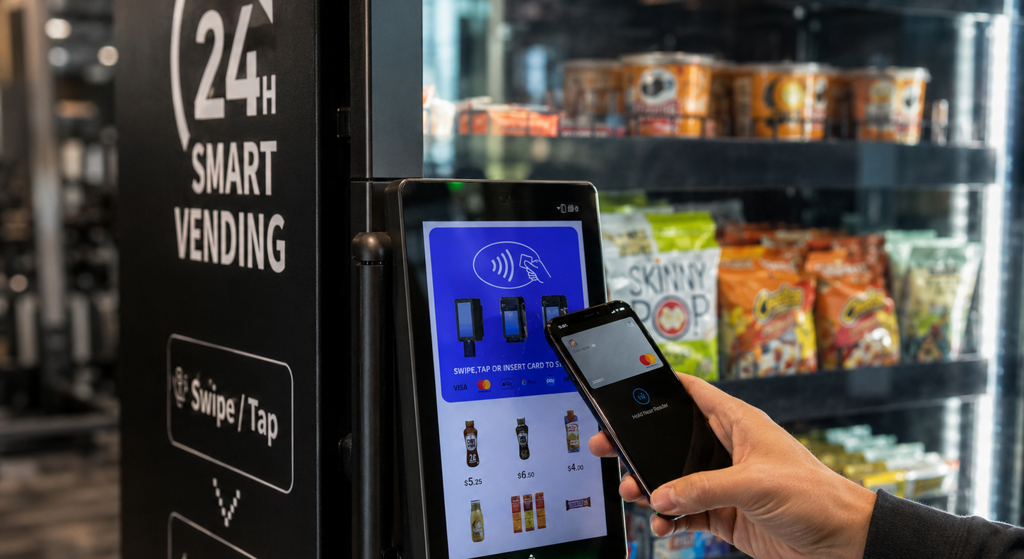 A person using a smartphone to make a cashless payment at a vending machine for snacks and drinks.