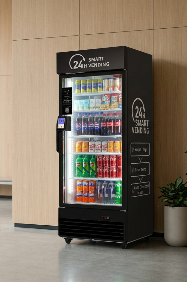 A vending machine stocked with various bottled and canned beverages, including soda and water, located next to a wooden wall and a potted plant.