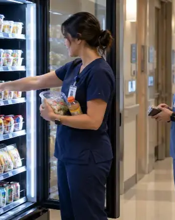 A female nurse purchasing snacks from a vending machine in a hospital hallway while another person stands nearby with a phone.