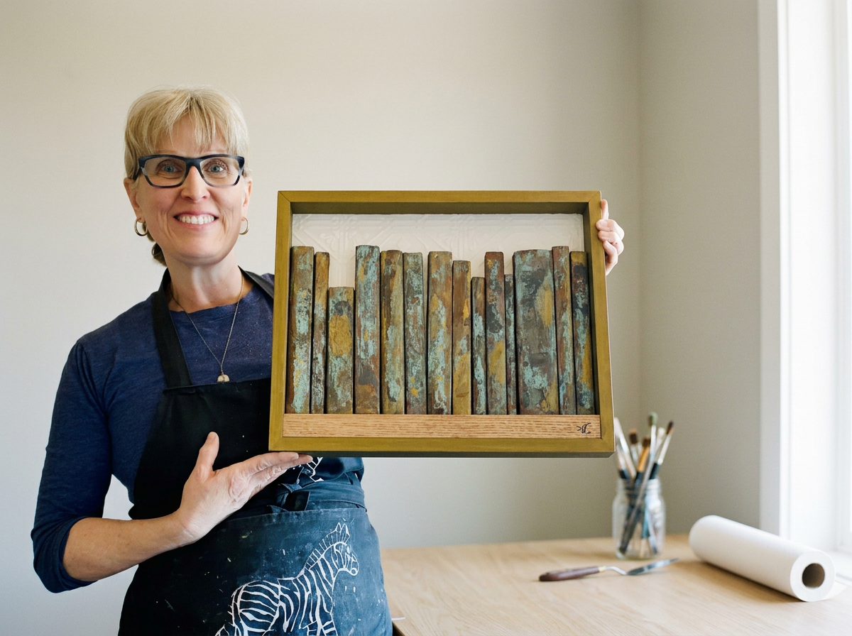 Woman with glasses, smiling, holding a framed piece of art made of wooden sticks with weathered paint, in a room with art supplies on the table.
