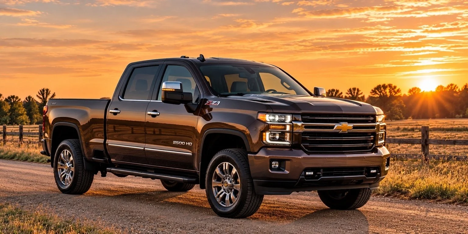 A black Chevrolet Silverado pickup truck parked on a dirt road during sunset, with open field and trees in the background.