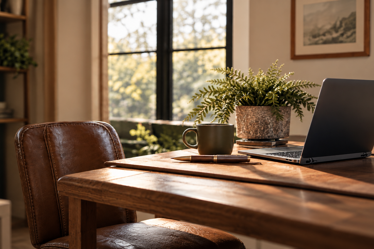 A cozy home office with a wooden desk, brown leather chair, potted plant, black coffee mug, laptop, and pen basking in warm natural sunlight through a large window.
