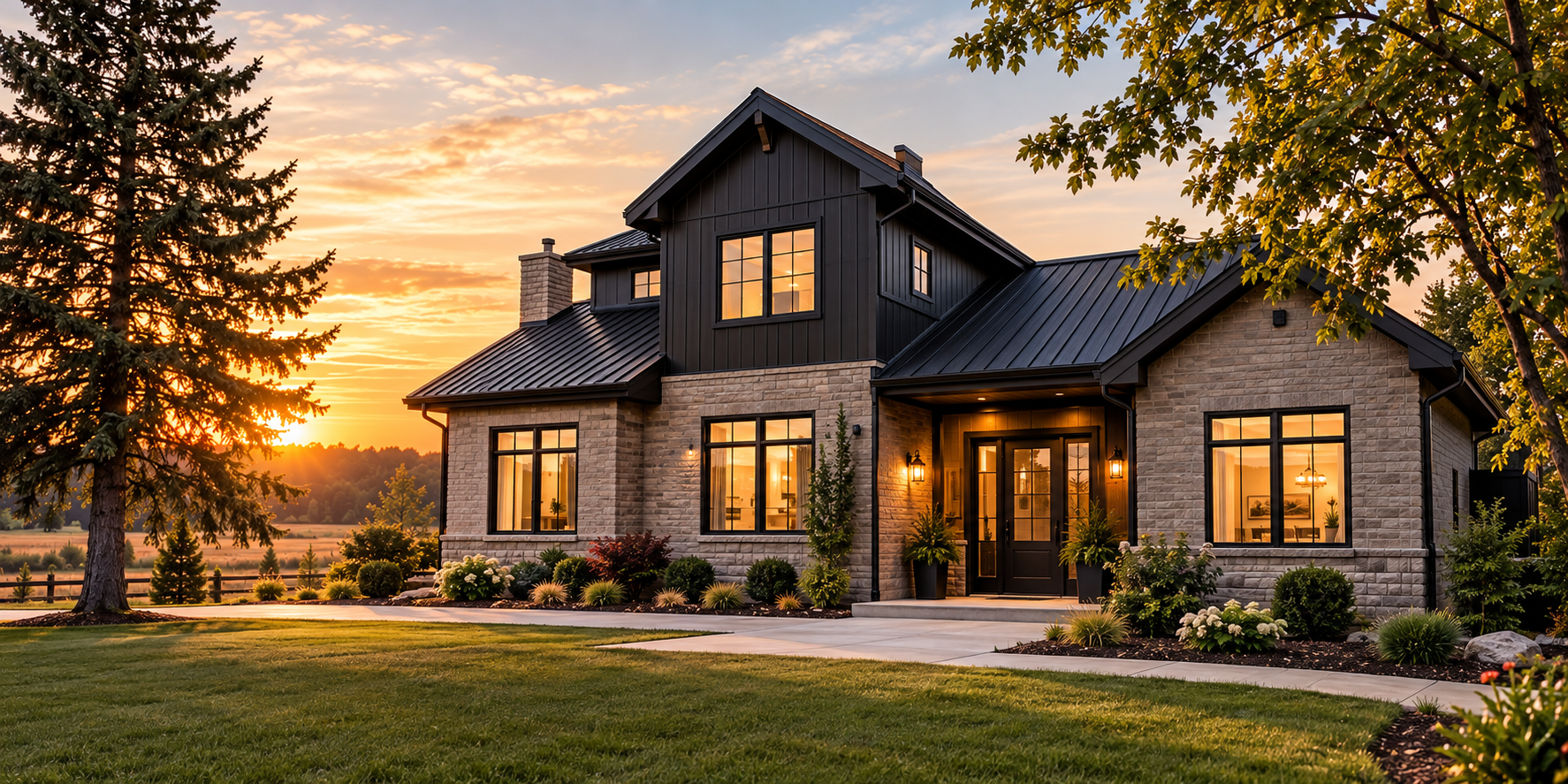A modern house with stone and black siding exterior, large windows, and a metal roof, illuminated with warm interior lighting, situated in a landscaped yard with trees and bushes during sunset.