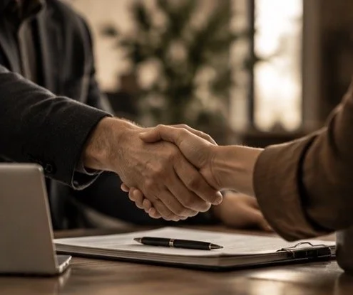Two people shaking hands across a table in a professional setting