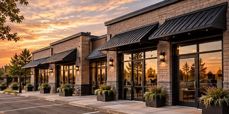A row of modern retail storefronts with large glass windows and black metal awnings during sunset, with potted plants outside and a parking lot in front.