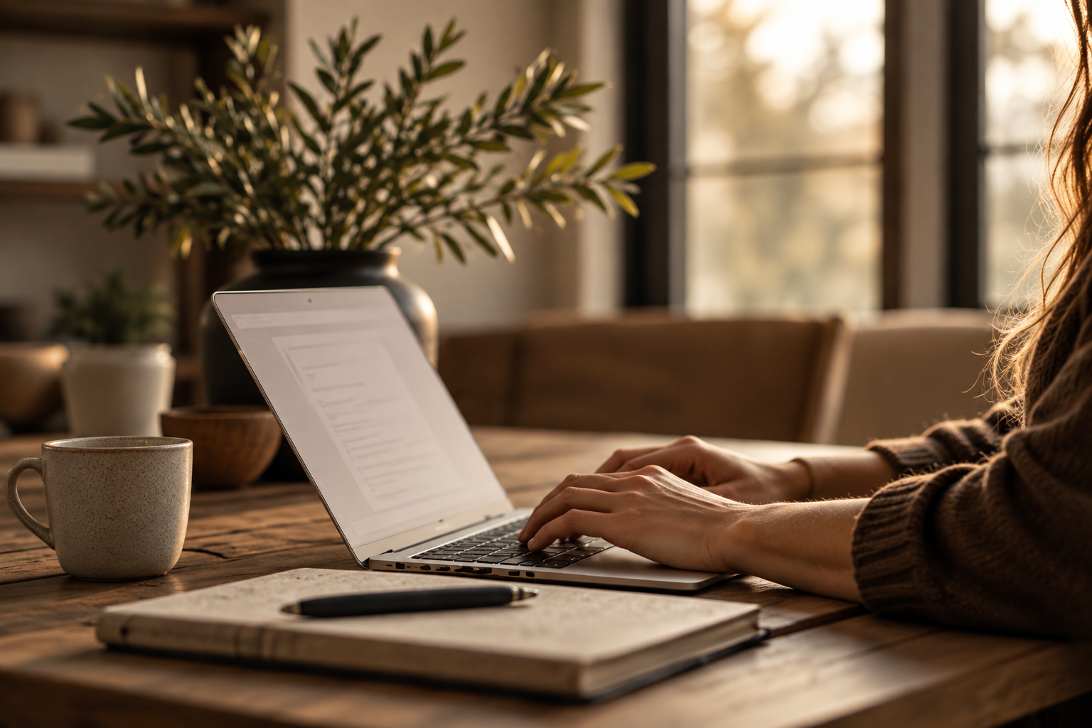 Person using a laptop at a wooden table with a notebook, pen, mugs, and decorative plants in a sunlit room.