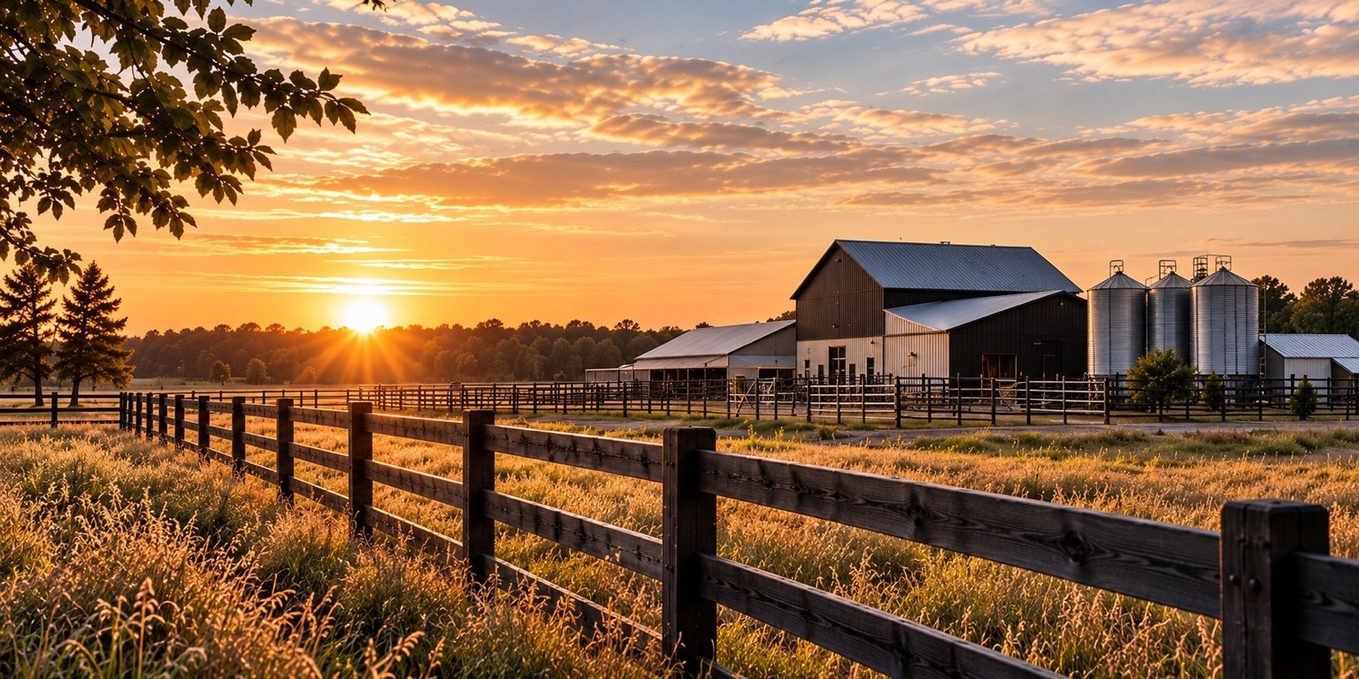 Sunset over a farm with a barn, silos, trees, a fence, and fields of grass