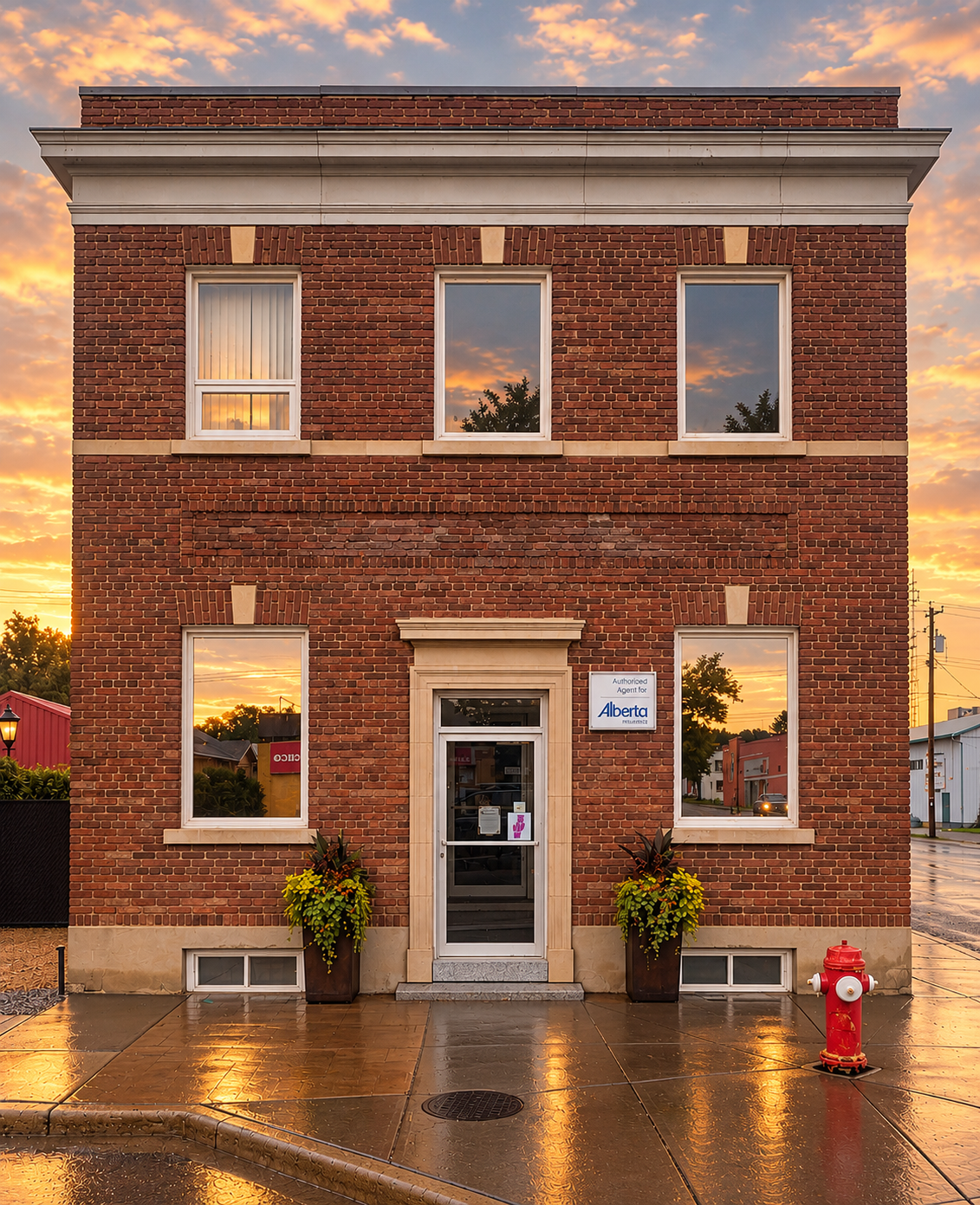 A three-story brick building with multiple windows reflecting a colorful sunset sky, a centered door with a sign for Alberta insurance, potted plants on either side, and a red fire hydrant outside on a wet sidewalk.