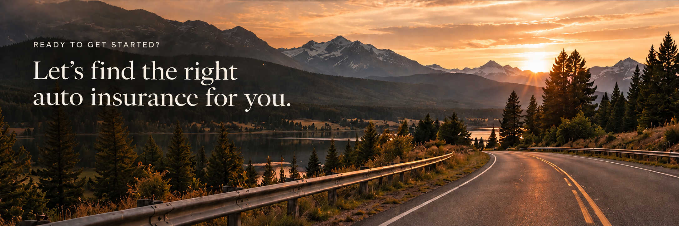 Sunset over mountains and a winding road with trees, promoting auto insurance.