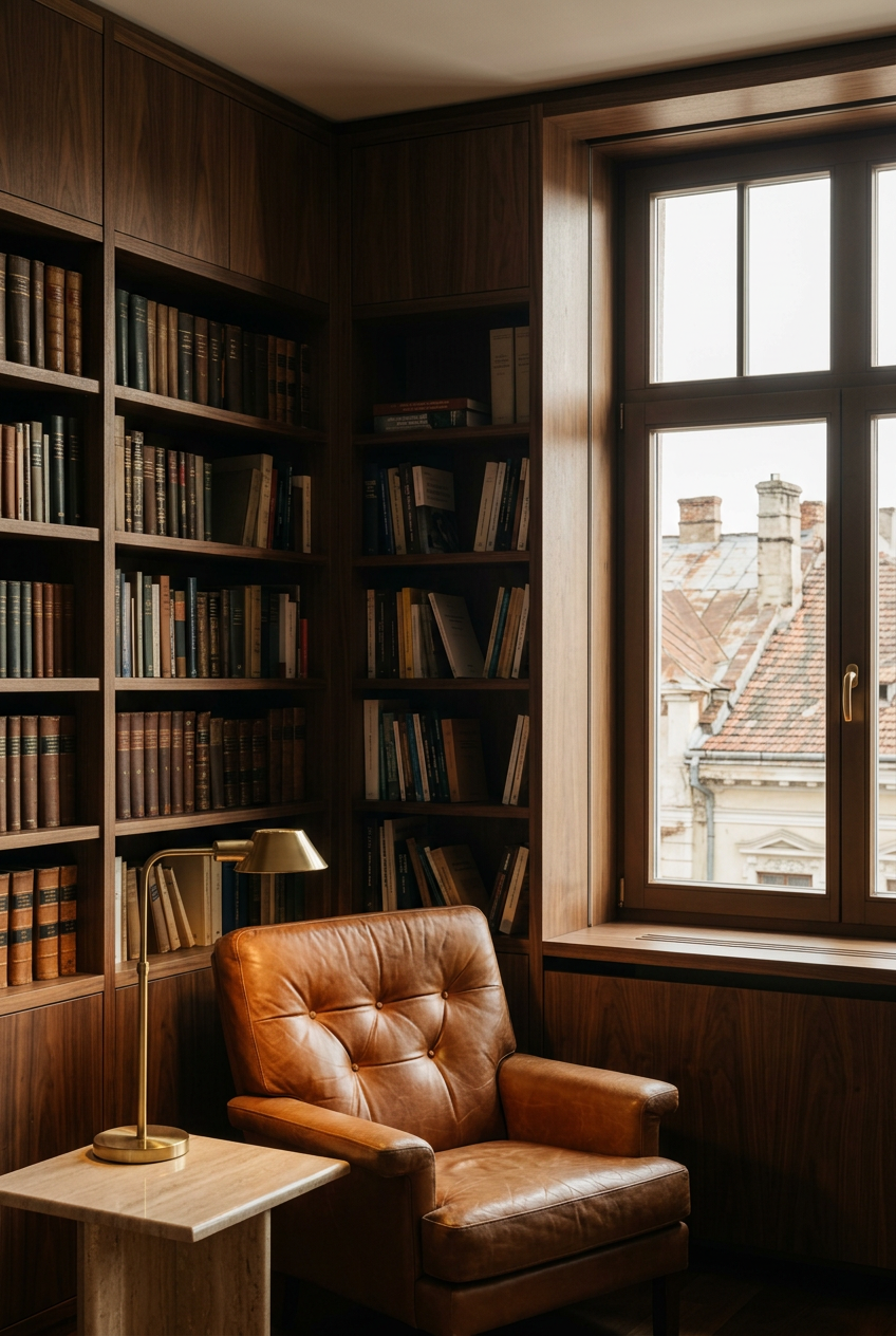 Quiet reading corner with bookshelves, a leather armchair and a window overlooking city rooftops