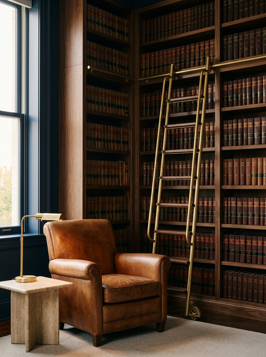 Law library with a leather armchair, a brass reading lamp and floor-to-ceiling bookshelves
