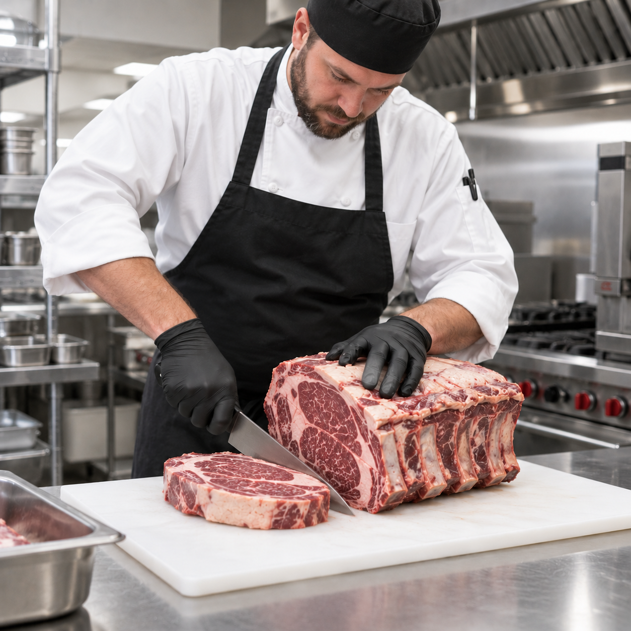 A chef slicing a large piece of raw beef ribeye on a white cutting board in a professional kitchen.