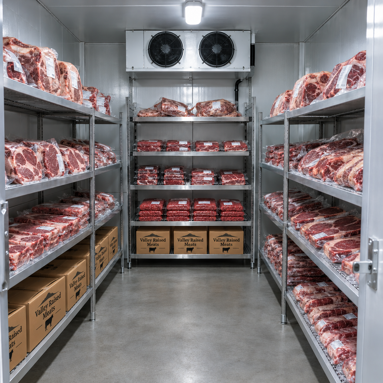 A walk-in freezer with shelves filled with packages of various cuts of red meat, labeled and stacked neatly. The top shelf has some larger packages, while the lower shelves contain stacked smaller packages. There are cardboard boxes labeled 'Valley Raised Meats' at the bottom of both sides. The freezer has metal shelves and a ceiling-mounted fan at the back.