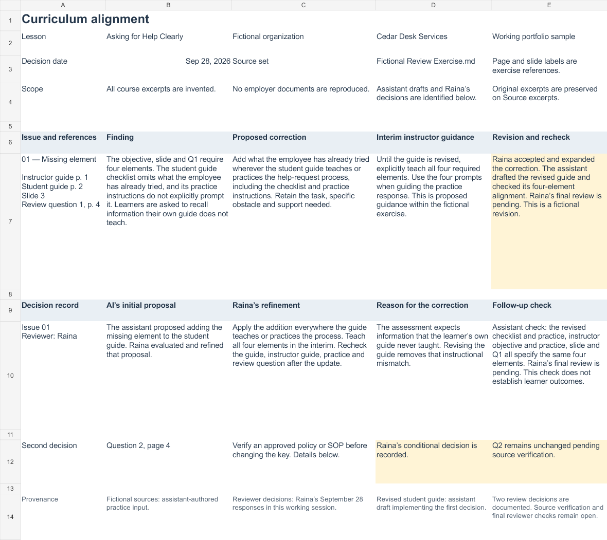 Preview of the fictional curriculum review log, showing source references, proposed corrections and reviewer decisions. Download the workbook for the complete text.