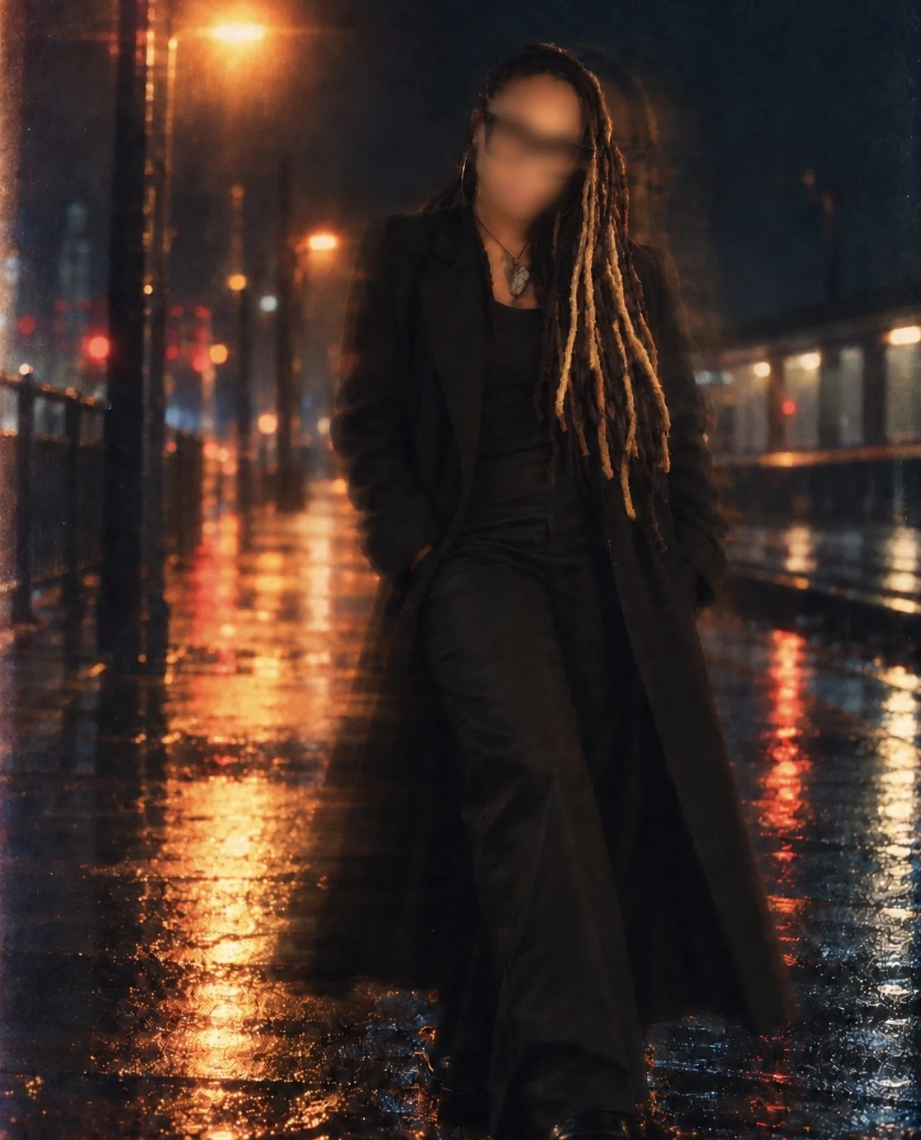 Person standing on a rainy city street at night, wearing a black coat with blurred face, illuminated by streetlights and reflections on wet pavement.