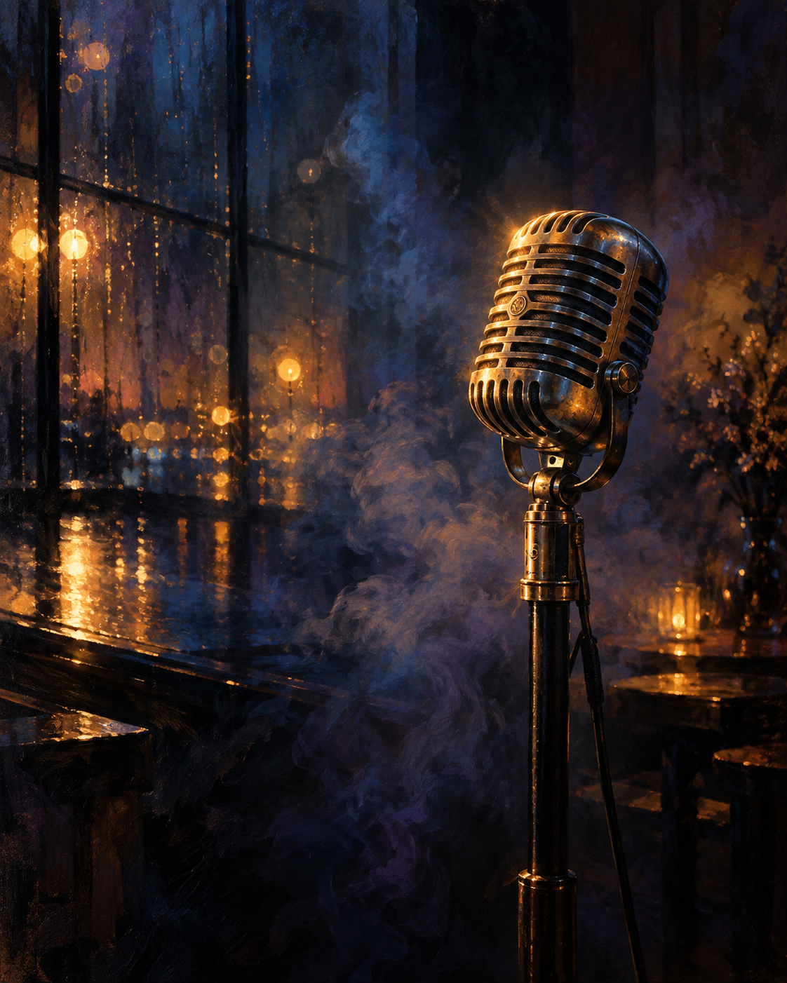 A vintage-style microphone on a stand in a dimly lit, smoky room with warm, glowing lights visible through a large window.