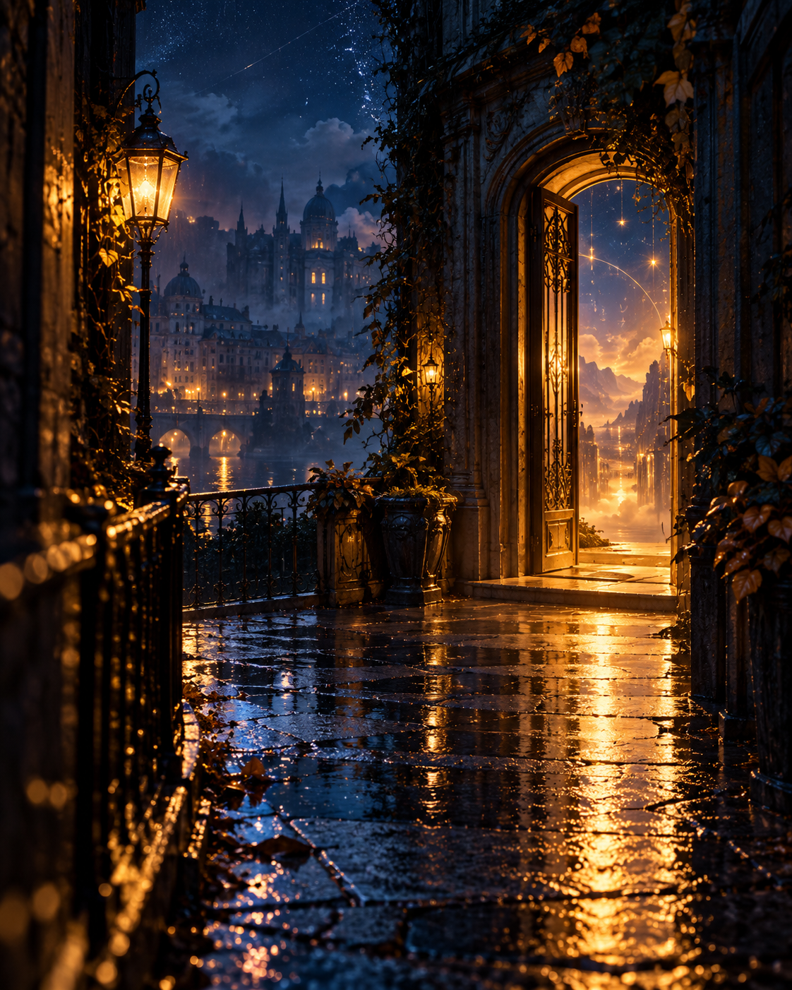A rainy evening scene viewed from a balcony with wrought iron railings, illuminated by warm street lamps. The scene features an open ornate doorway with lush vines, leading to a glowing landscape of mountains and water at sunset, with a city skyline and castle in the background under a starry sky.