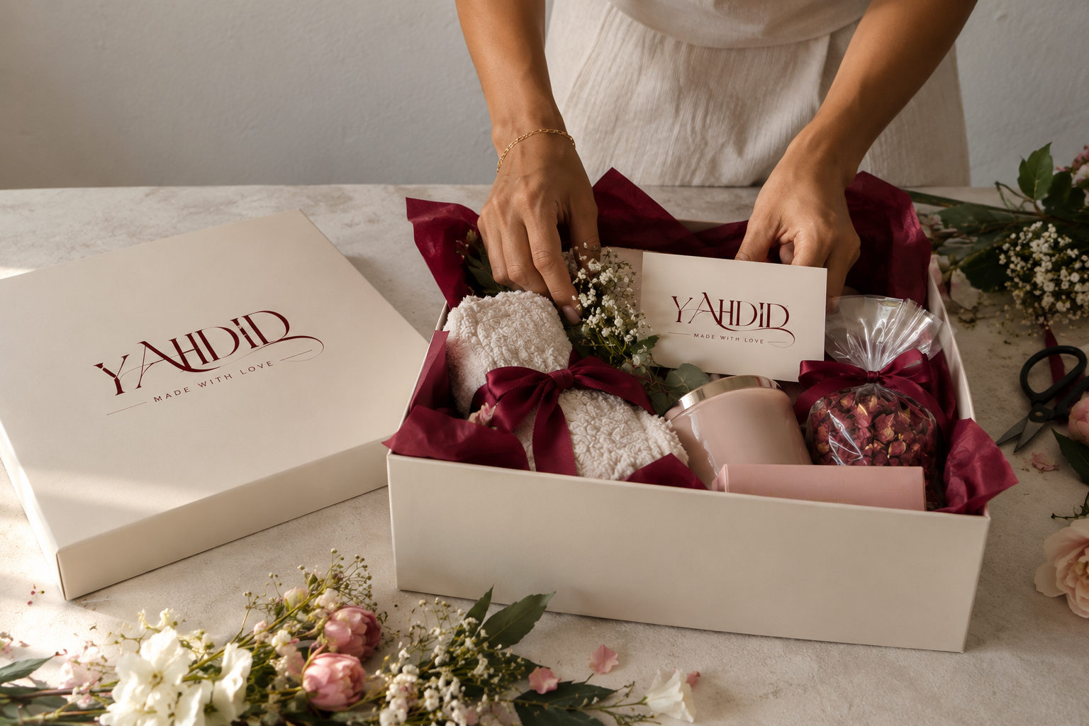 Hands arranging a burgundy-and-cream gift box filled with a towel, candle, dried flowers, and treats, surrounded by pink and white flowers