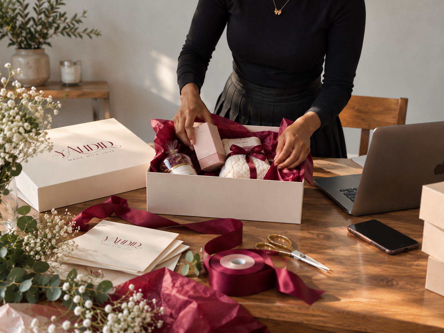 Woman assembling a luxury gift box with skincare products, a candle, wrapped towel, burgundy ribbon, flowers, and packaging supplies on a wooden table.