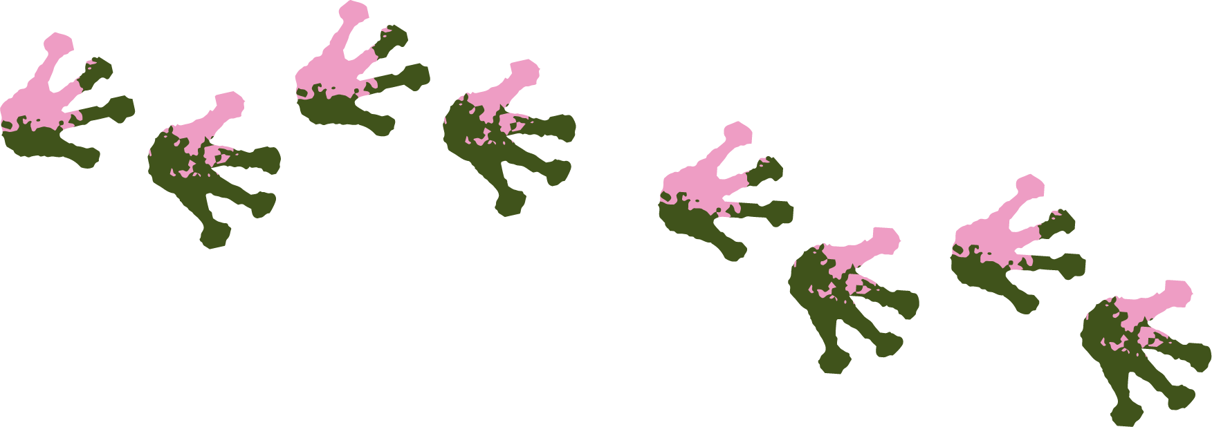 A pattern of stylized frog footprints with pink and green colors arranged diagonally across a white background.