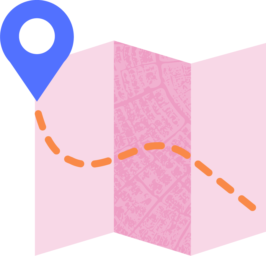 3D illustration of a map with a blue location marker and an orange dashed path.
