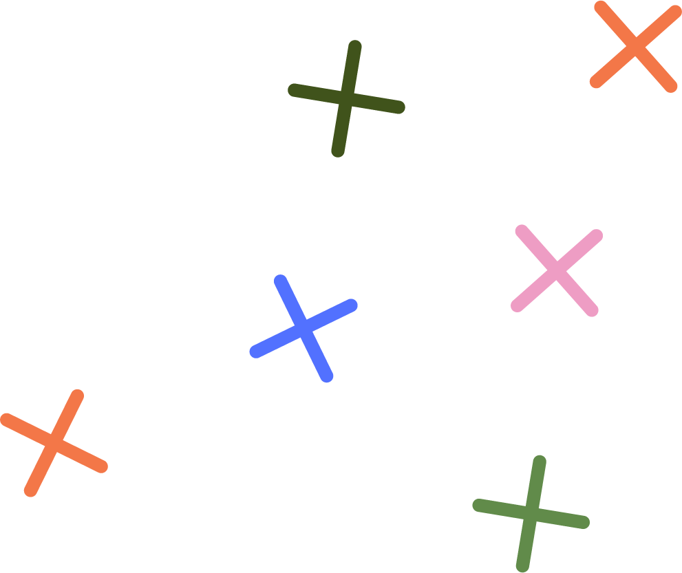 Colorful cross stitch marks scattered on a white background.