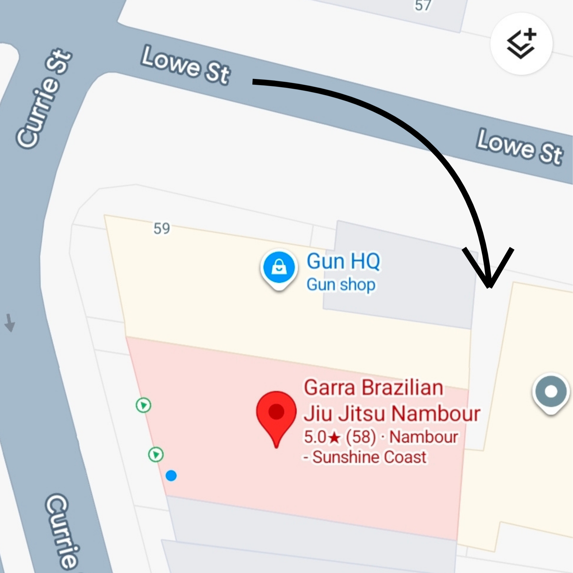 Map view showing streets and locations including Currie St, Lowe St, and an area in Nambour with a red marker indicating Jiu Jitsu Nambour, which is associated with Sunshine Coast.