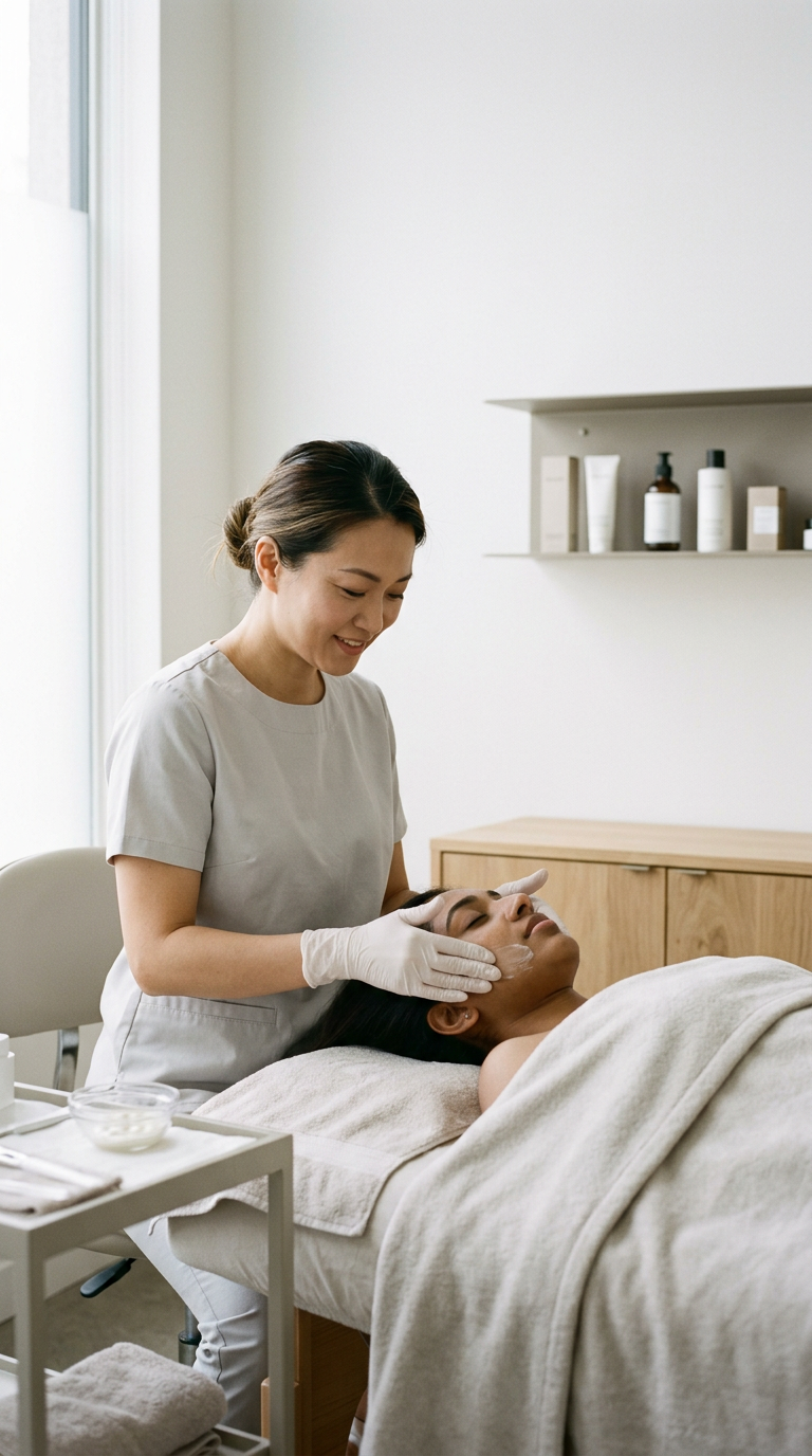 A woman lying on a treatment bed with her eyes closed, receiving a facial treatment from a skincare professional in a brightly lit, minimalist spa or clinic room.