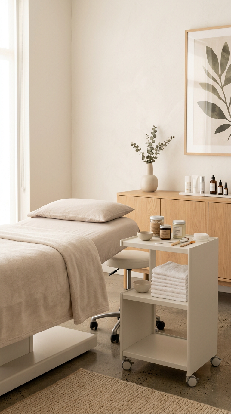 Spa or treatment room with a massage bed, a white rolling cart with linens and jars, a wooden cabinet with skincare products and a vase with greenery, minimalist wall art, and neutral decor.