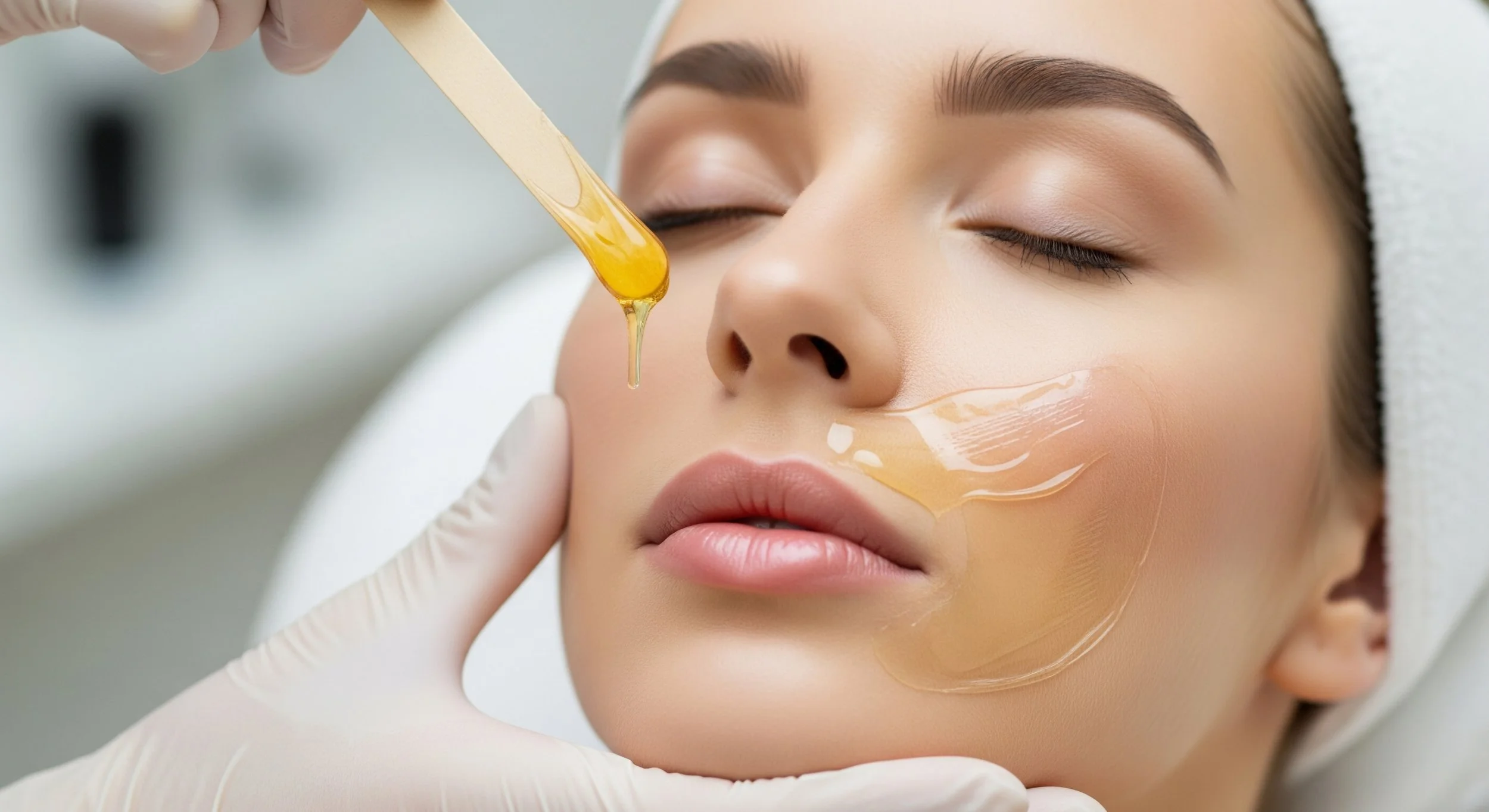 A woman with closed eyes receives a facial treatment as a skincare professional applies a golden facial mask with a wooden wax stick.