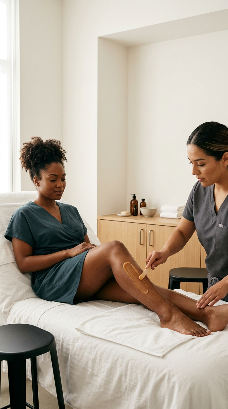 A woman receiving a leg waxing treatment from a technician in a spa or clinic room.