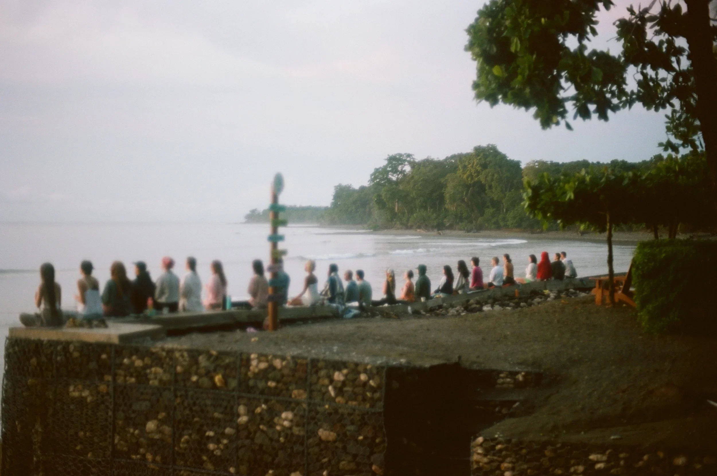 Grupo de personas sentadas en un muelle a orillas del río, rodeadas de árboles frondosos y una baranda de metal.