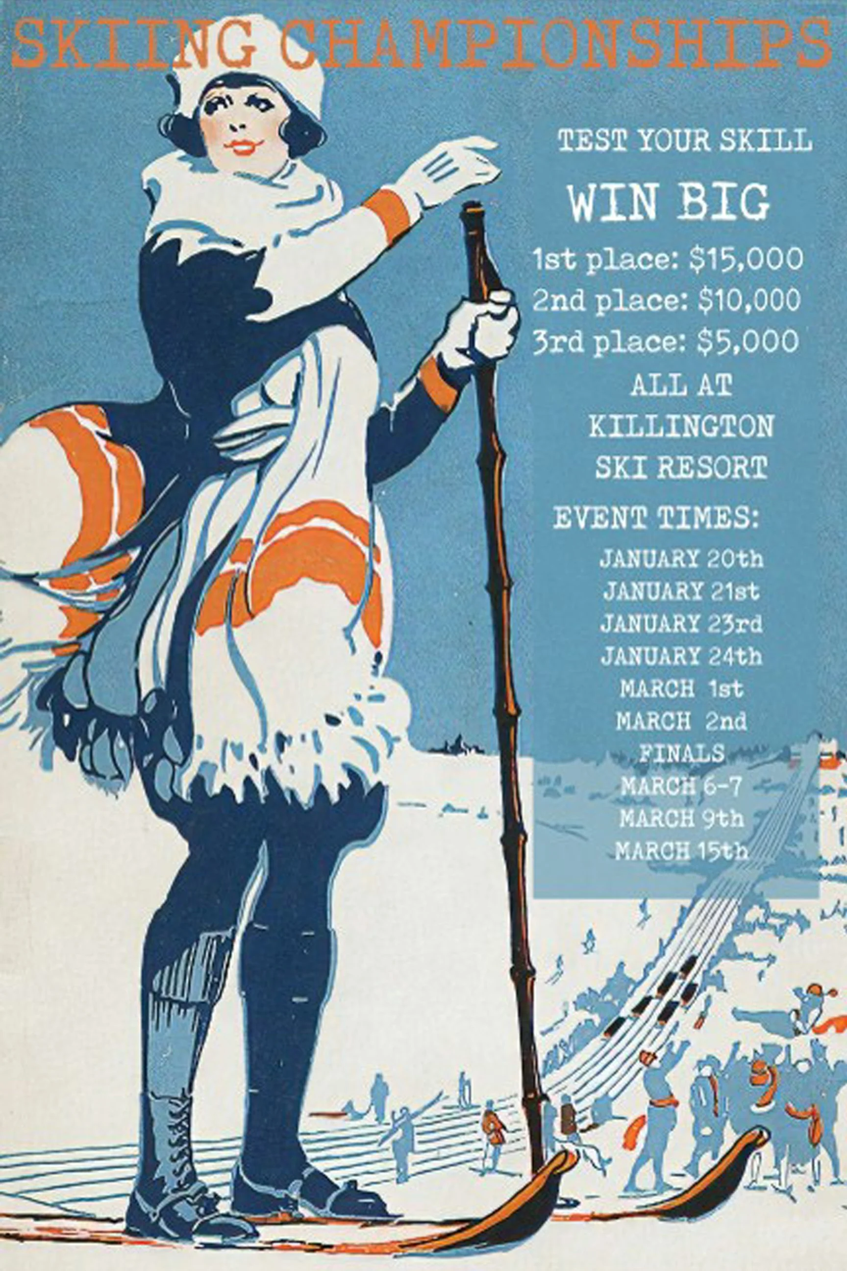 Vintage illustration of a female skier in a white hat and ski uniform, holding ski poles, promoting a skiing championships event with dates and prizes listed.