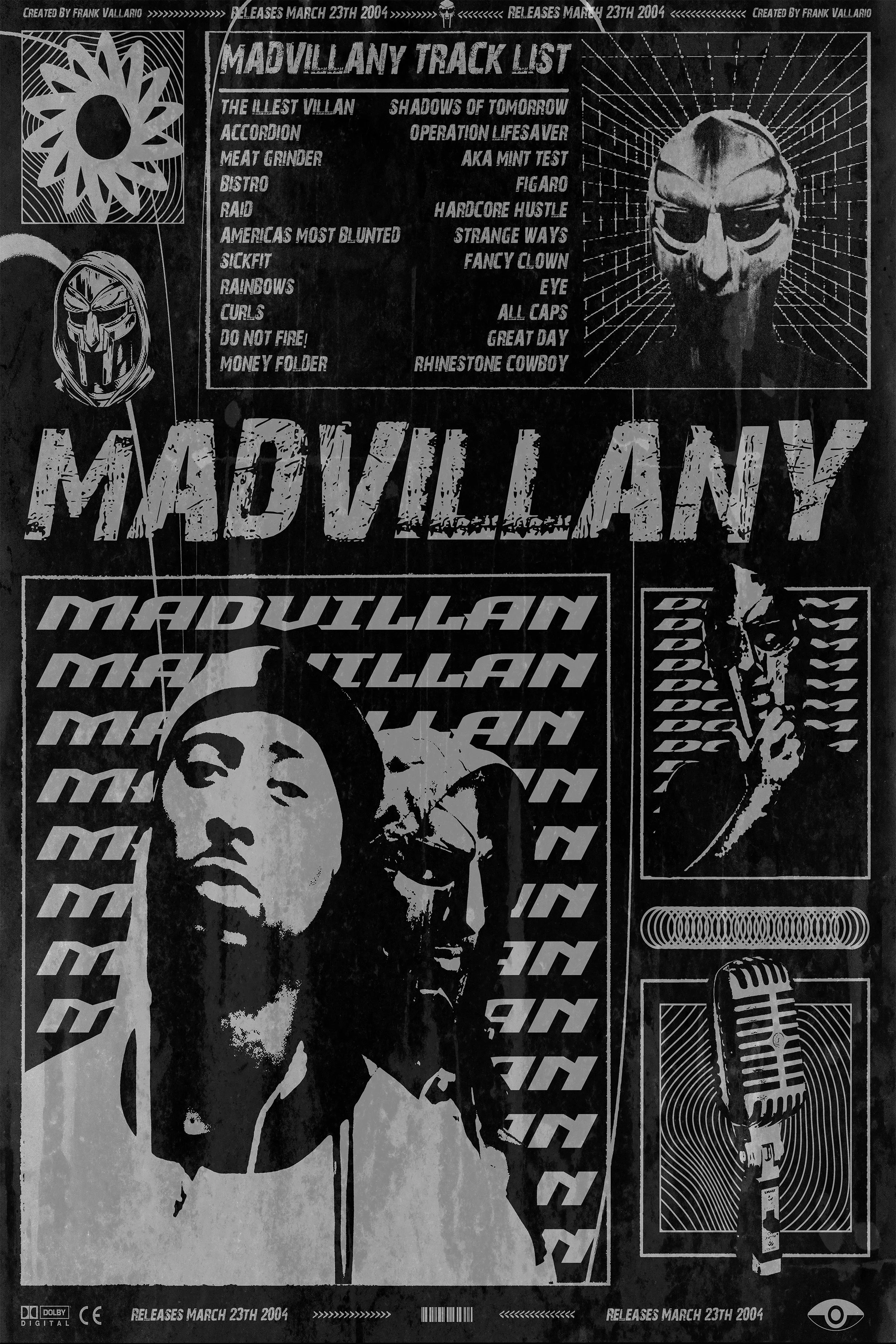 A black and white promotional poster or print with various graphic elements, including portraits, text, and symbols. The prominent text includes "MADVILLAINY" and track list titles, along with release information. The design features an illustrated f
